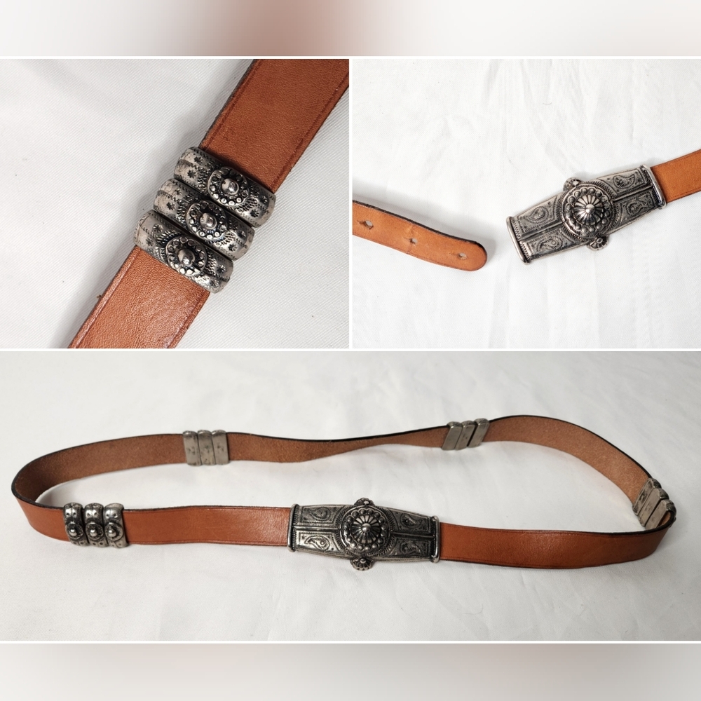 Vintage Studded Brown Leather Belt El Corte Ingles Belt Silver Metal Studs XS